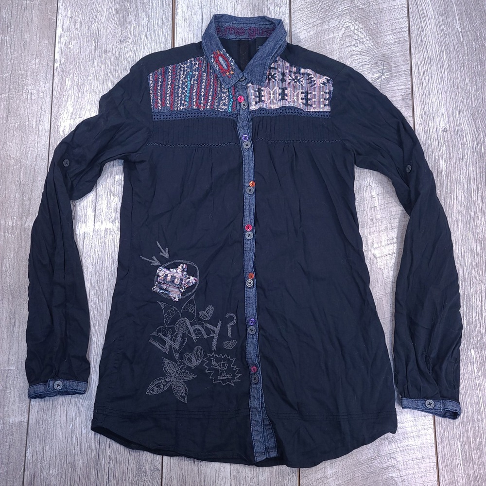 Desigual Button Down Shirt Womens Small Black Embroidered Denim Trim Boho